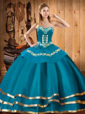 Enchanting Embroidery Sweet 16 Quinceanera Dress Teal Lace Up Sleeveless Floor Length