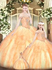 Champagne Sleeveless Floor Length Beading and Ruffles Lace Up Sweet 16 Quinceanera Dress