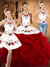 Traditional Wine Red Halter Top Neckline Embroidery and Ruffles Quinceanera Gown Sleeveless Lace Up