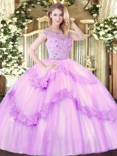 Super Lilac Ball Gowns Beading and Appliques Quinceanera Gowns Zipper Tulle Sleeveless Floor Length