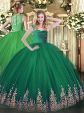 Captivating Straps Sleeveless Vestidos de Quinceanera Floor Length Lace and Appliques Dark Green Tulle