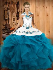 Top Selling Teal Sleeveless Floor Length Embroidery and Ruffles Lace Up Ball Gown Prom Dress