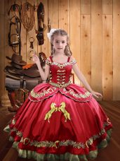 Coral Red Ball Gowns Off The Shoulder Sleeveless Organza and Taffeta Floor Length Lace Up Embroidery Little Girls Pageant Dress