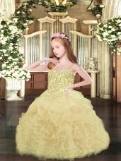 Dramatic Champagne Organza Lace Up Spaghetti Straps Sleeveless Asymmetrical Girls Pageant Dresses Appliques and Ruffles and Pick Ups