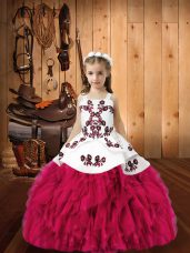 Fuchsia Ball Gowns Organza Straps Sleeveless Embroidery and Ruffles Floor Length Lace Up Party Dress