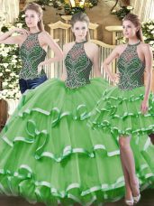 Luxury Green Ball Gowns Organza High-neck Sleeveless Beading and Ruffled Layers Floor Length Lace Up Vestidos de Quinceanera