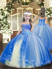 Best Sleeveless Floor Length Beading Lace Up Little Girl Pageant Dress with Baby Blue