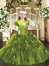 Olive Green Lace Up Straps Beading and Ruffles Little Girls Pageant Dress Wholesale Organza Sleeveless