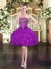 Graceful Purple Organza Lace Up Prom Gown Sleeveless Mini Length Beading and Ruffles