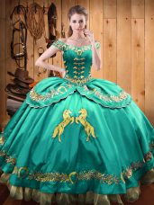 Glittering Floor Length Turquoise Quinceanera Dress Off The Shoulder Sleeveless Lace Up