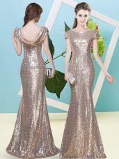 Sexy Mermaid Champagne Scoop Sequined Cap Sleeves Floor Length Zipper