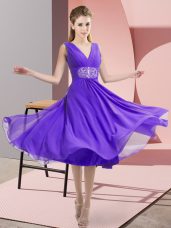 Knee Length Lavender Wedding Party Dress Chiffon Sleeveless Beading