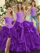 Enchanting Sleeveless Floor Length Beading and Ruffles Lace Up Quinceanera Dress with Eggplant Purple