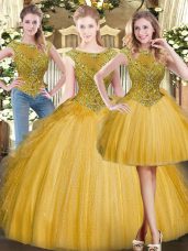 Unique Scoop Sleeveless Vestidos de Quinceanera Floor Length Beading and Ruffles Gold Tulle