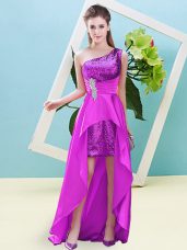 Exquisite Fuchsia A-line Beading and Sequins Evening Dress Lace Up Elastic Woven Satin and Sequined Sleeveless High Low
