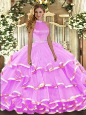 Beading and Ruffled Layers Ball Gown Prom Dress Lilac Backless Sleeveless Floor Length