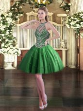 Cute Green Halter Top Lace Up Beading Prom Dress Sleeveless