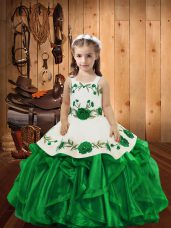 Straps Sleeveless Organza Kids Pageant Dress Embroidery and Ruffles Lace Up