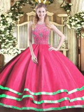 Tulle Halter Top Sleeveless Zipper Beading Sweet 16 Dresses in Hot Pink