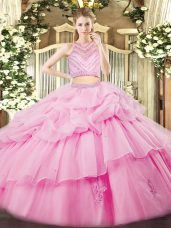 New Style Rose Pink High-neck Zipper Beading and Ruffles Quinceanera Gowns Sleeveless