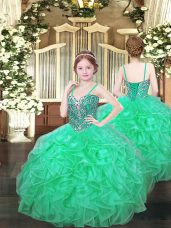 Turquoise Spaghetti Straps Lace Up Beading and Ruffles Little Girl Pageant Gowns Sleeveless