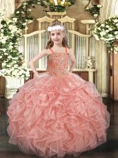 Attractive Pink Organza Lace Up Straps Sleeveless Floor Length Little Girls Pageant Dress Wholesale Beading and Ruffles