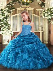 Straps Sleeveless Custom Made Floor Length Beading and Ruffles Blue Organza