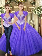 Fashionable Purple Ball Gowns Tulle Straps Sleeveless Beading Floor Length Lace Up Quinceanera Dresses