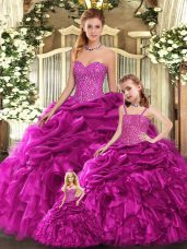 Fuchsia Sleeveless Organza Lace Up Vestidos de Quinceanera for Military Ball and Sweet 16 and Quinceanera