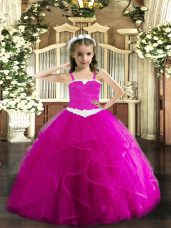 Fuchsia Straps Neckline Appliques and Ruffles Evening Gowns Sleeveless Lace Up