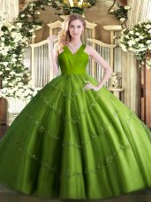 Customized V-neck Sleeveless Zipper Vestidos de Quinceanera Olive Green Tulle