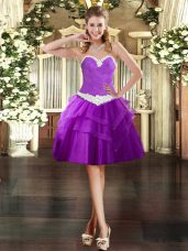 Fabulous Purple Sleeveless Appliques and Ruffled Layers Mini Length