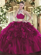Sleeveless Floor Length Beading and Ruffles Backless Ball Gown Prom Dress with Fuchsia