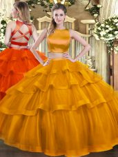 Dramatic Rust Red Tulle Criss Cross Vestidos de Quinceanera Sleeveless Floor Length Ruffled Layers