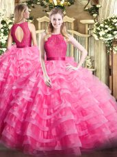 Scoop Sleeveless Zipper Quinceanera Dress Hot Pink Organza