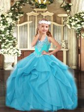 Sleeveless Floor Length Beading and Ruffles Lace Up Party Dress for Toddlers with Aqua Blue