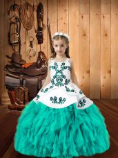 Pretty Embroidery and Ruffles Teens Party Dress Aqua Blue Lace Up Sleeveless Floor Length