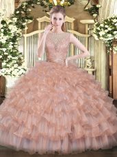 Hot Sale Floor Length Ball Gowns Sleeveless Champagne Quinceanera Gowns Backless