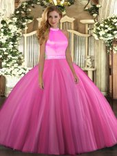 Eye-catching Rose Pink Ball Gowns Tulle Halter Top Sleeveless Beading Floor Length Backless 15 Quinceanera Dress
