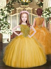 Custom Designed Scoop Sleeveless Tulle Kids Formal Wear Beading and Ruffles Zipper