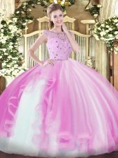 Inexpensive Lilac Tulle Zipper Quinceanera Gown Sleeveless Floor Length Beading and Ruffles