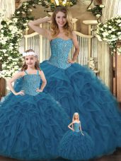 Teal Organza Lace Up Sweet 16 Dress Sleeveless Floor Length Beading and Ruffles