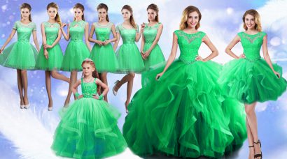 Sleeveless Floor Length Beading and Ruffles Lace Up Ball Gown Prom Dress with Green