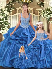 Unique Blue 15 Quinceanera Dress Military Ball and Sweet 16 and Quinceanera with Beading and Ruffles Straps Sleeveless Lace Up