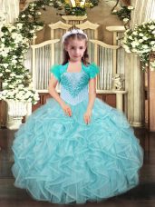 Floor Length Aqua Blue and Apple Green Kids Formal Wear Organza Sleeveless Beading and Ruffles