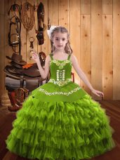 Low Price Floor Length Olive Green Party Dress for Toddlers Straps Sleeveless Lace Up
