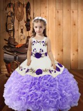 Embroidery and Ruffles Kids Pageant Dress Lavender Lace Up Sleeveless Floor Length