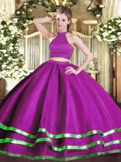 Tulle Halter Top Sleeveless Backless Beading 15th Birthday Dress in Fuchsia