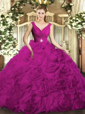 Fuchsia Ball Gowns V-neck Sleeveless Organza and Fabric With Rolling Flowers Floor Length Backless Beading and Ruching Vestidos de Quinceanera