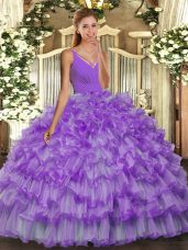 Floor Length Lavender 15th Birthday Dress V-neck Sleeveless Backless